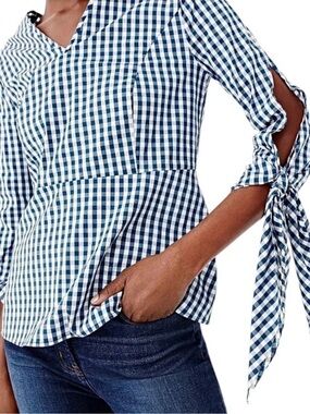 J. Crew poplin tie-sleeve top in Sailor Blue Gingham Size Small NWT